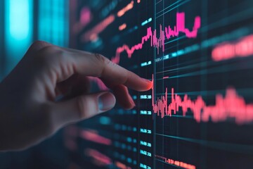 A hand interacts with a digital screen displaying colorful stock market charts and financial data in a dark setting.