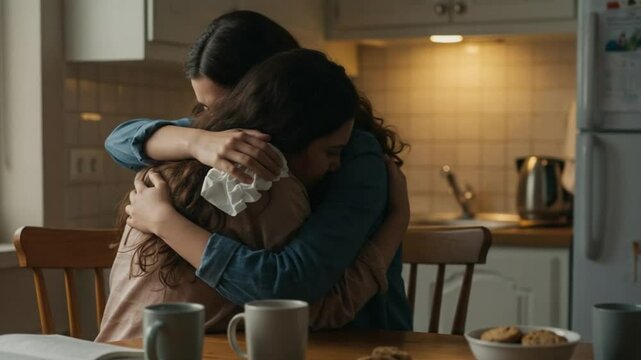 Grieving Friend Being Hugged While Holding Tissue at Kitchen Table, Emotional Support