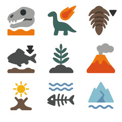 Mass Extinction Icons. Flat icon set of mass extinction events: permian-triassic, cretaceous-paleogene, ordovician-silurian, late