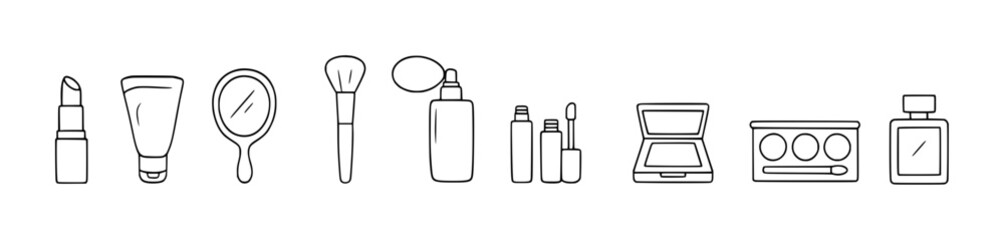 makeup, items, lipstick, foundation, hand mirror, makeup brush, perfume bottle with an atomizer bulb, lip gloss, blush, eye shadow palette, perfume, vector, illustration