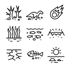 Mass Extinction Icons Grid. Outline icon set of mass extinction events: permian-triassic, cretaceous-paleogene,