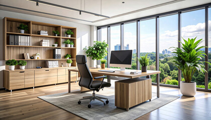 Professional office desk setup with desktop computer, plant, motivational quotes, and neat stationery, cozy productivity space