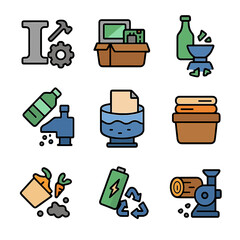 Material Recovery Icons. Flat icon set of material recovery: scrap metal, e-waste collection, glass crushing, plastic pelletizing,