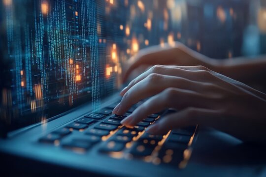 Hands typing on a laptop keyboard with digital code overlay, symbolizing programming, cybersecurity, or data analysis.