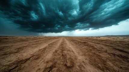 A captivating image showing a dramatic sky filled with dark clouds above an empty, barren landscape, conveying a sense of foreboding and awe-inspiring natural beauty.