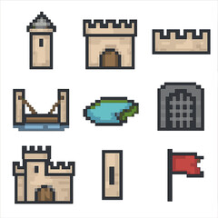 Medieval Castle Icons. Pixel art icon set of medieval castle features: tower, gatehouse, battlement, drawbridge, moat, portcullis,