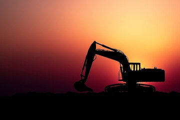 Silhouette of an excavator at sunset with a vibrant orange sky, highlighting construction work in progress.