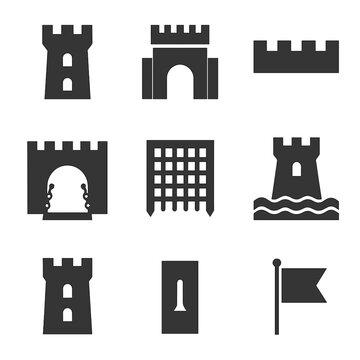 Medieval Castle Icons. Flat icon set of medieval castle features: tower, gatehouse, battlement, drawbridge, moat, portcullis, keep