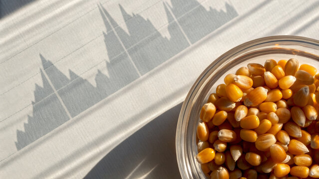 Currency fluctuation on commodities concept. Grains in a bowl with shadows of financial charts in the background.