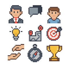 Fototapeta premium Mentorship Icon Set. Pixel art icon set of mentorship & coaching: mentor figure, mentee figure, speech bubbles, light bulb,