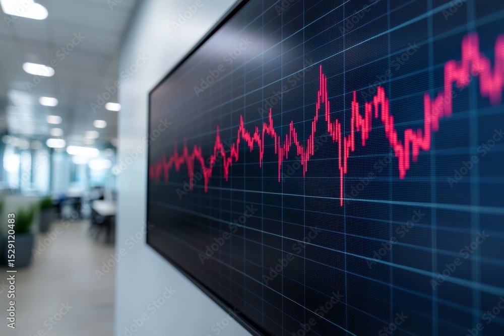 Aufkleber a digital screen displays a fluctuating red line graph in an office setting, indicating data trends 