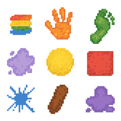 Fototapeta premium Messy Play Icons. Pixel art icon set of messy play splatters: finger paint print, handprint smear, footprint splat, stencil dab,