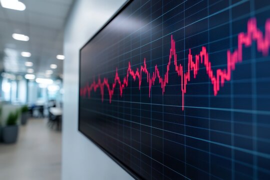 A digital screen displays a fluctuating red line graph in an office setting, indicating data trends or financial market movements.