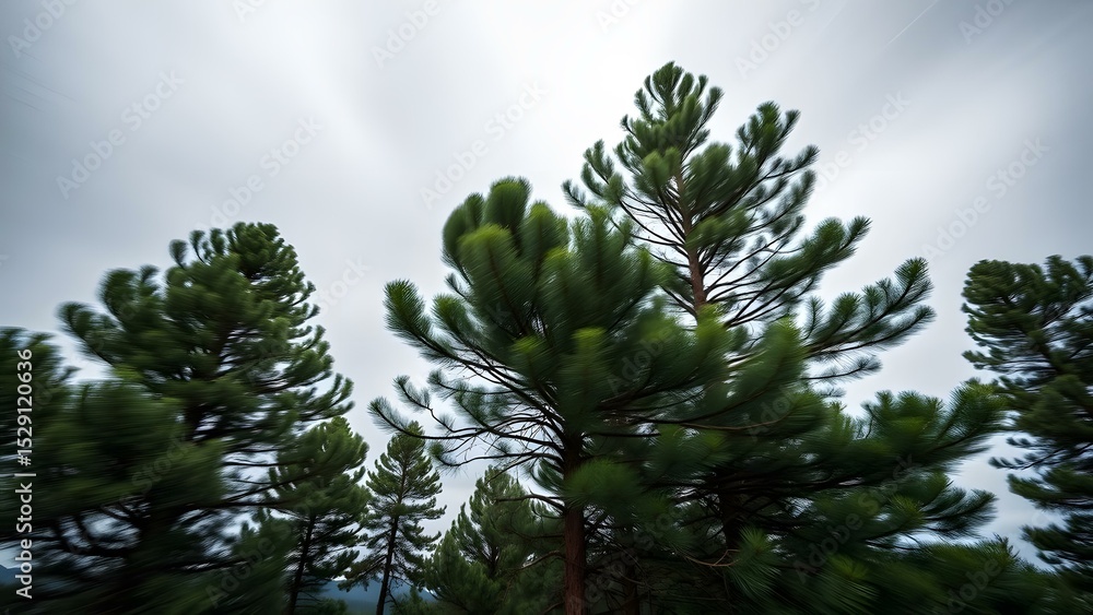 Poster a dynamic view of swaying trees captured in motion against a softly lit sky, conveying natureâ€™s tr