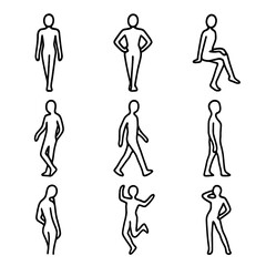 Model Pose Icons. Outline icon set of model poses: runway walk, hands on hips, seated pose, leaning pose, walking silhouette,