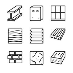 Modern Building Icons Grid. Outline icon set of contemporary building materials: steel beam, concrete panel, glass curtain wall,