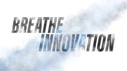 Diagonal smoke trail poster with bold slogan “BREATHE INNOVATION”, clean white background; ready headline banner for tech or business ads