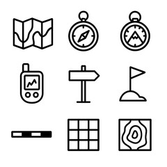 Mountain Navigation Icons. Outline icon set of mountain navigation tools: topographic map, compass, altimeter, GPS device, trail