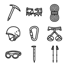 Obraz premium Mountaineering Gear Icons. Outline icon set of mountaineering gear: ice axe, crampons, rope, helmet, carabiner, harness, glacier