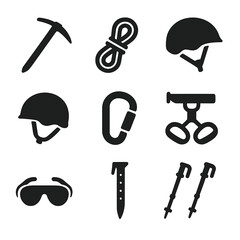 Obraz premium Mountaineering Gear Icons. Solid, Filled icon set of mountaineering gear: ice axe, crampons, rope, helmet, carabiner, harness,