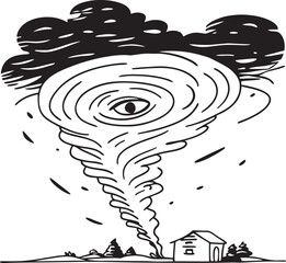Hand-Drawn Tornado Eye in Storm Cloud with House Disaster and Weather Alert Art Perfect for Emergency Prep and Climate Change Themes