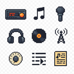 Plakat Music Icon Grid. Pixel art icon set of music and sing-alongs: car stereo, musical note, microphone, headphones, vinyl record,