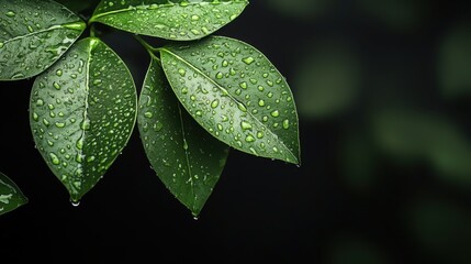 Fototapeta premium Fresh Green Leaves with Water Drops on Dark Background for Nature Themes
