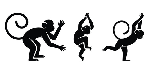 Monkey Silhouette Set – Playful and Jumping Monkey Poses in Black Vector