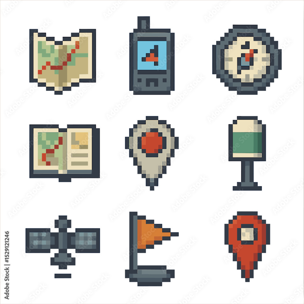 Poster navigation icons grid. pixel art icon set of navigation and route planning: paper map, gps device, c