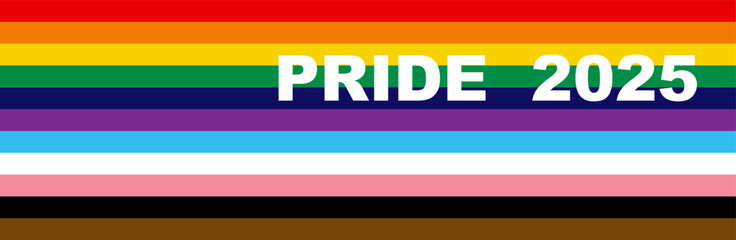Pride 2025 Rainbow Flag LGBTQIA+ Banner. Equality, Inclusivity. Gay Pride template with LGBT Flag sign. Pride Month. Colorful design element frame border vector background