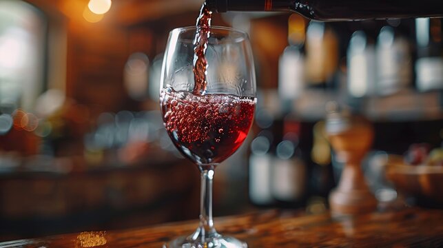 A close-up shot of rich red wine being poured into a glass, capturing the bubbles emerging and the play of light, indicating luxury, indulgence, and celebratory moments.