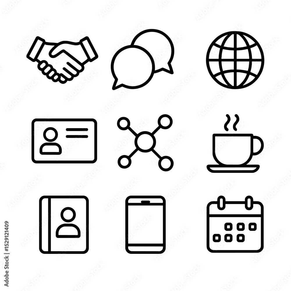 Poster networking icons grid. outline icon set of networking strategies: handshake, speech bubbles, busines