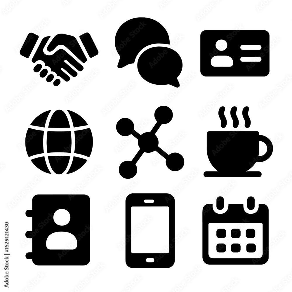 Poster networking icons grid. solid, filled icon set of networking strategies: handshake, speech bubbles, b