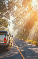 Off-road car travel on mountain roads in woodland forest landscape.