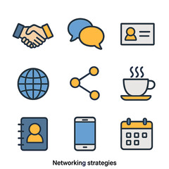 Networking Icon Set. Flat icon set of networking strategies: handshake, speech bubbles, business card, globe, connected dots,