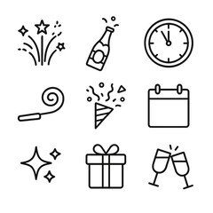 Fototapeta na wymiar New Year Icon Set. Outline icon set of new year wishes: firework, champagne bottle, clock striking midnight, party horn, confetti,