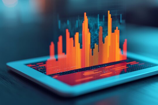 A digital tablet displays a vibrant 3D bar graph with red and orange data peaks, symbolizing data analysis and futuristic technology in a dark, modern setting.