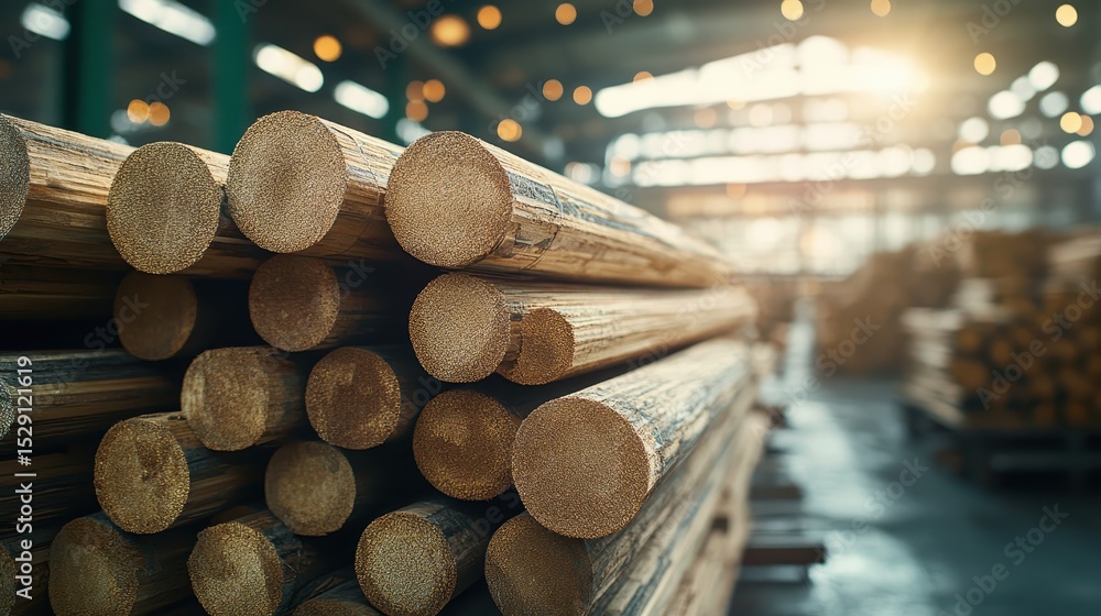 Aufkleber neatly stacked logs showcase their grain patterns in a sunlit warehouse, highlighting craftsmanship 
