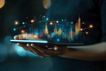 A person holds a tablet projecting dynamic digital graphs and data visualizations, symbolizing technology and data analytics.