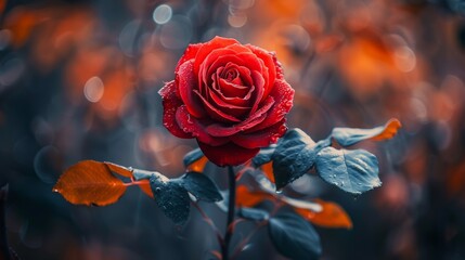 A captivating close-up of a vibrant red rose surrounded by dew drops, showcasing the intricate details of the petals and the beauty of nature in a fresh setting.
