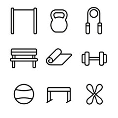 Outdoor Fitness Icons. Outline icon set of outdoor fitness: pull-up bar, kettlebell, skipping rope, park bench, yoga mat, dumbbell