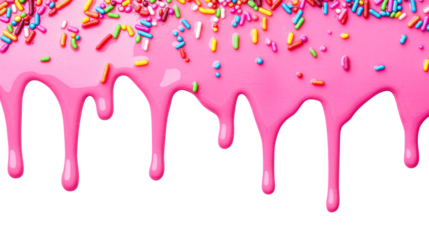 Pink Frosting Dripping with Colorful Sprinkles isolated on transparent white background, clipping path