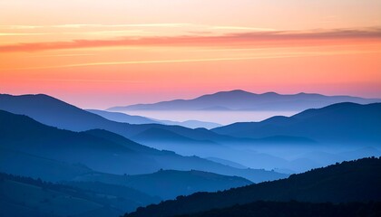 Obraz premium Painted sky with streaks of salmon and sapphire behind layered hills, light fog casting diffused shadows and color wash. 