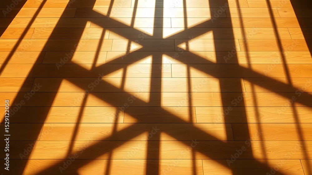 Poster soft sunlight casts intricate shadows on a wooden floor, creating a warm and modern abstract pattern