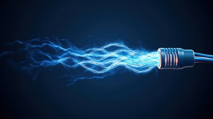 Electric Cable with Blue Sparks and Energy Waves on Dark Background