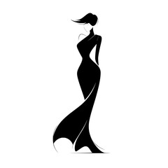 Elegant fashion silhouette of stylish woman, Chic black silhouette illustration of a fashionable woman in a flowing dress and wide-brim hat, exuding grace and glamour.

