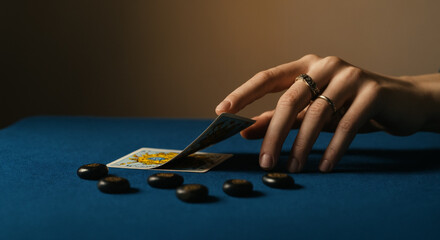 Hand flipping tarot card on blue table with black stones