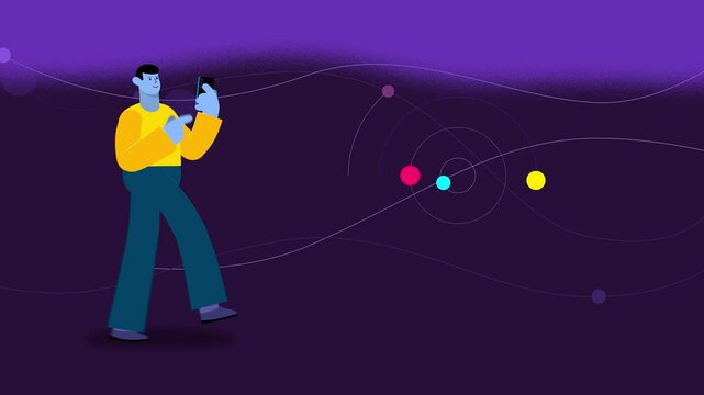 Blue body successful animated man walking with phone on simple noisy backdrop with waving lines left to right. Cartoon animation of businessman character male smiling scrolling gsm phone screen video.