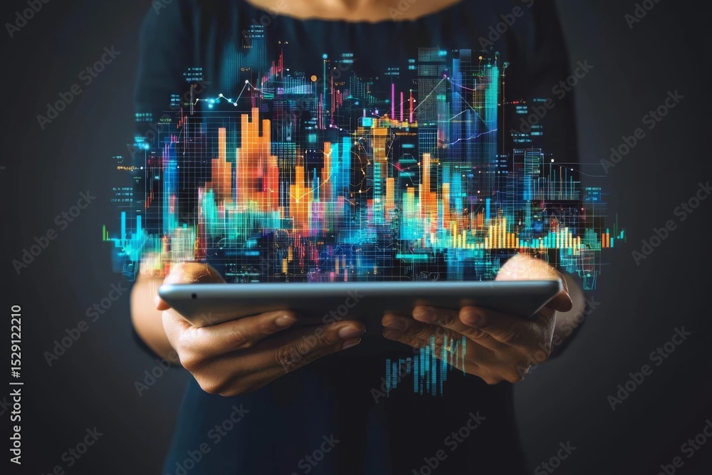 Poster a person holding a tablet with vibrant, 3d digital data visualizations and stock market graphs proje