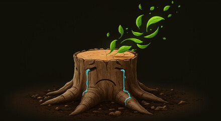 Tree Stump with Crying Face and Sprouting Leaves on Dark Background - Digital Illustration